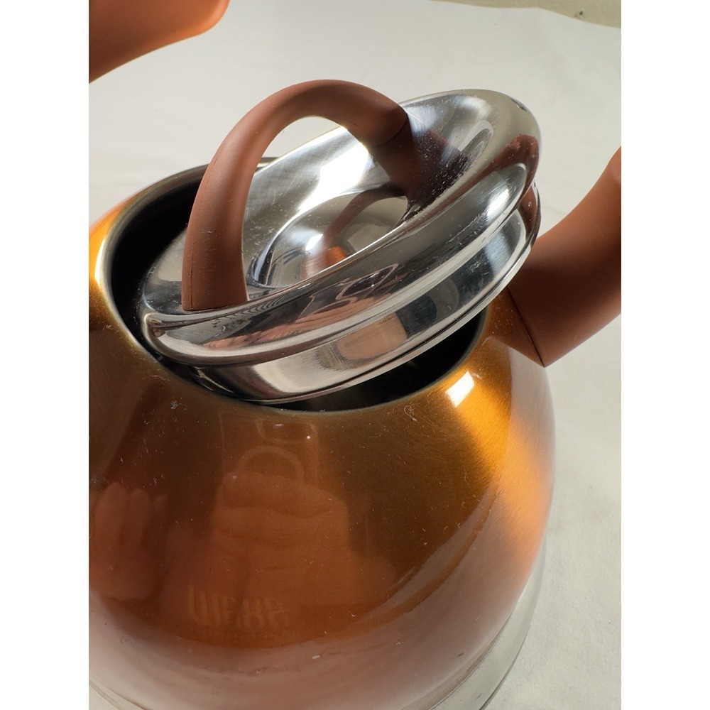Lenox Whistling Tea Kettle 2 5 Qt Stainless Steel Gold Rubber Handle - Picture 6 of 11
